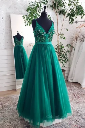 A Line V Neck Open Back Green Floral Long Prom Dresses, Open Back Green Formal Evening Dresses