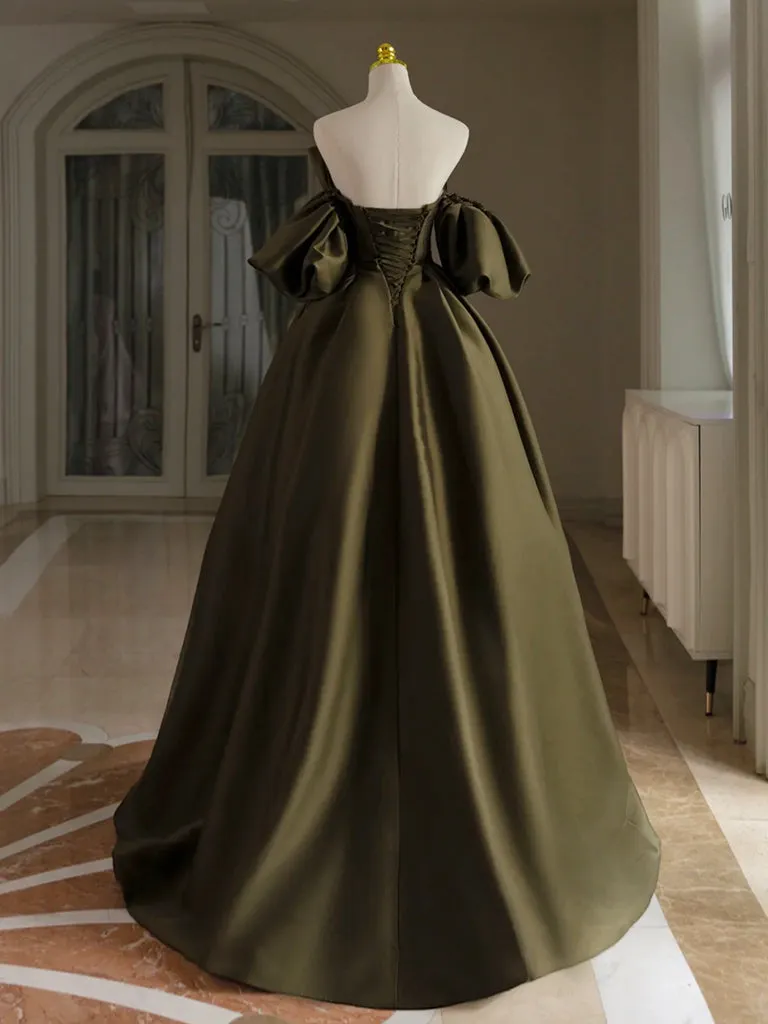 A-Line V Neck Satin Olive Green Long Prom Dress, Green Long Formal Dress