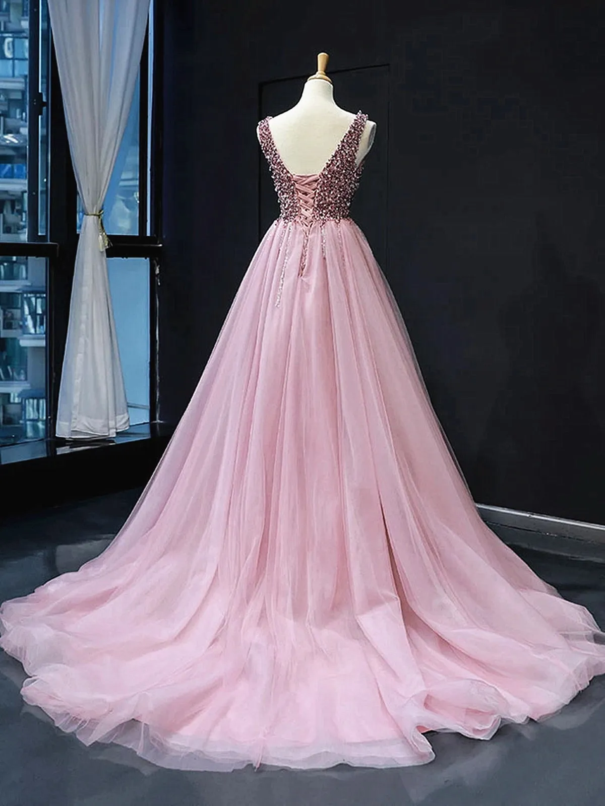 A Line V Neck Tulle Beading Long Formal Prom Dresses with Corset Back