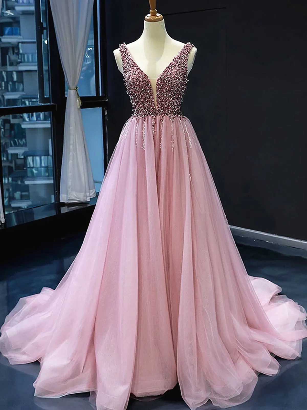 A Line V Neck Tulle Beading Long Formal Prom Dresses with Corset Back