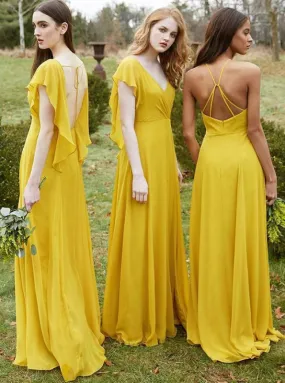 A-Line V-Neck Yellow Chiffon Bridesmaid Dress