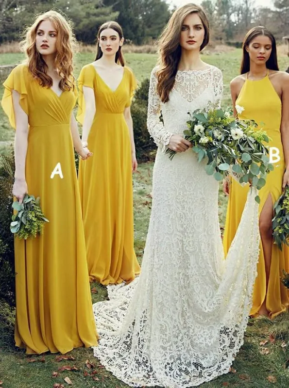 A-Line V-Neck Yellow Chiffon Bridesmaid Dress