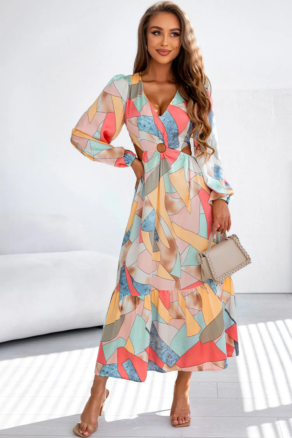 Abstract Print Long Sleeve Maxi Dress