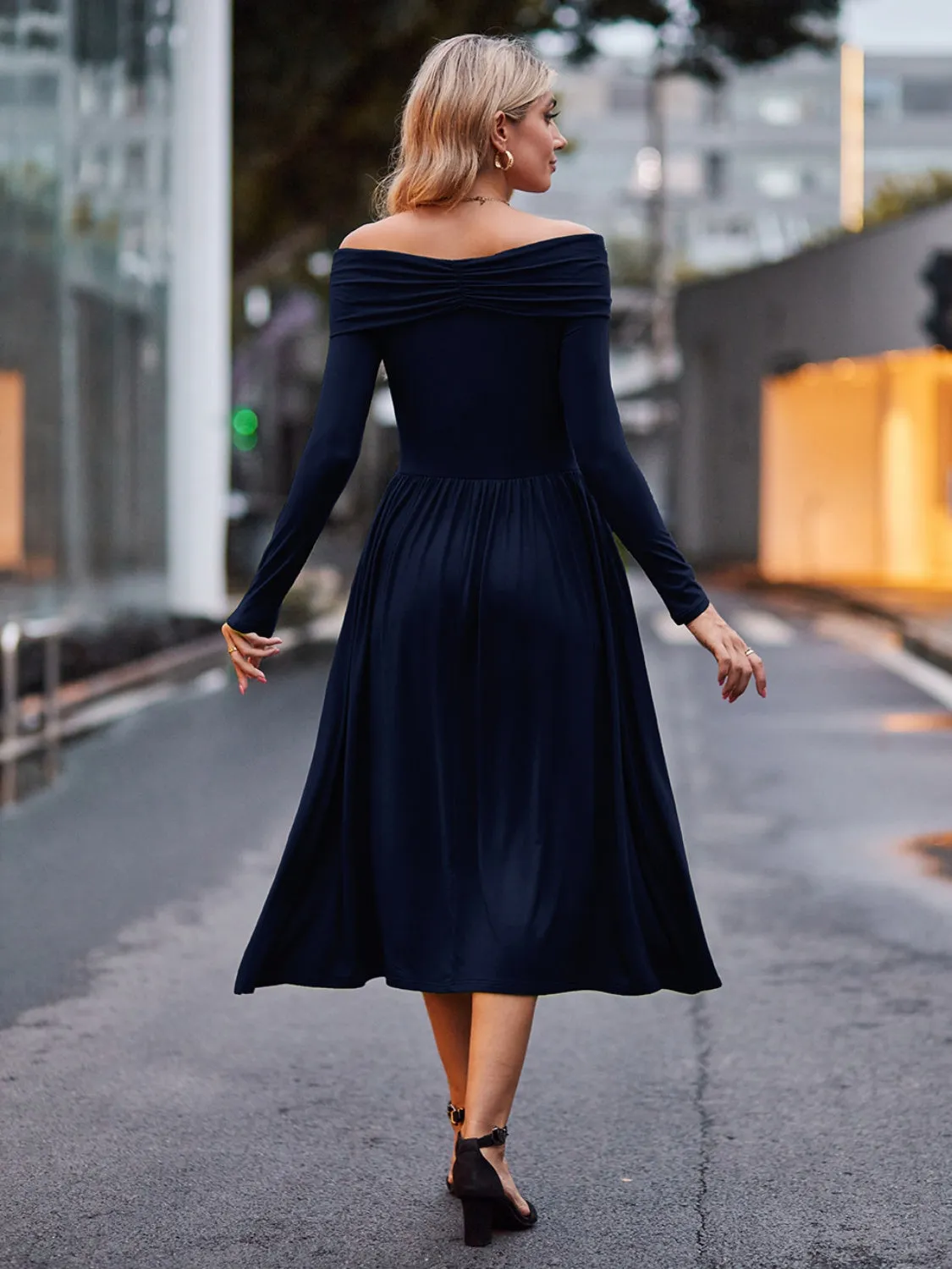 Affordable Cute Ruched Off-Shoulder Midi Dress - Perfect for Homecoming, Snowcoming 2024, or Hoco Stylish and Budget-Friendly Look for Special Occasions