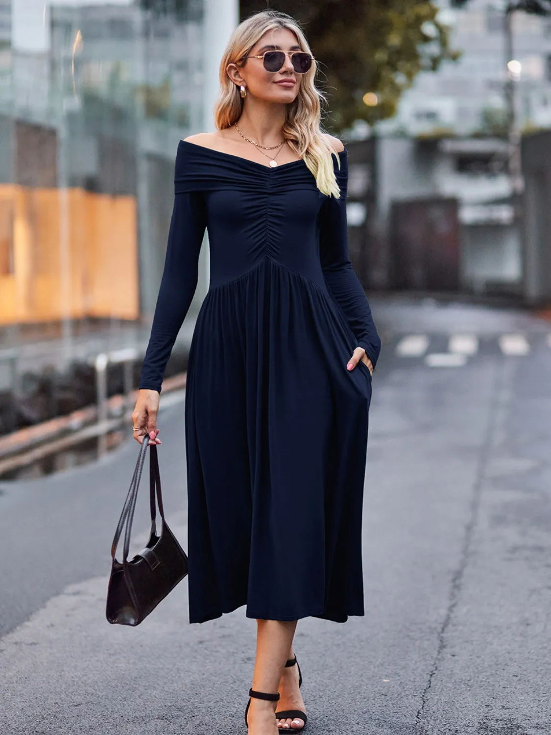 Affordable Cute Ruched Off-Shoulder Midi Dress - Perfect for Homecoming, Snowcoming 2024, or Hoco Stylish and Budget-Friendly Look for Special Occasions