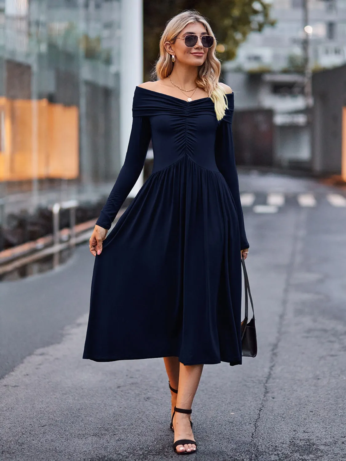 Affordable Cute Ruched Off-Shoulder Midi Dress - Perfect for Homecoming, Snowcoming 2024, or Hoco Stylish and Budget-Friendly Look for Special Occasions