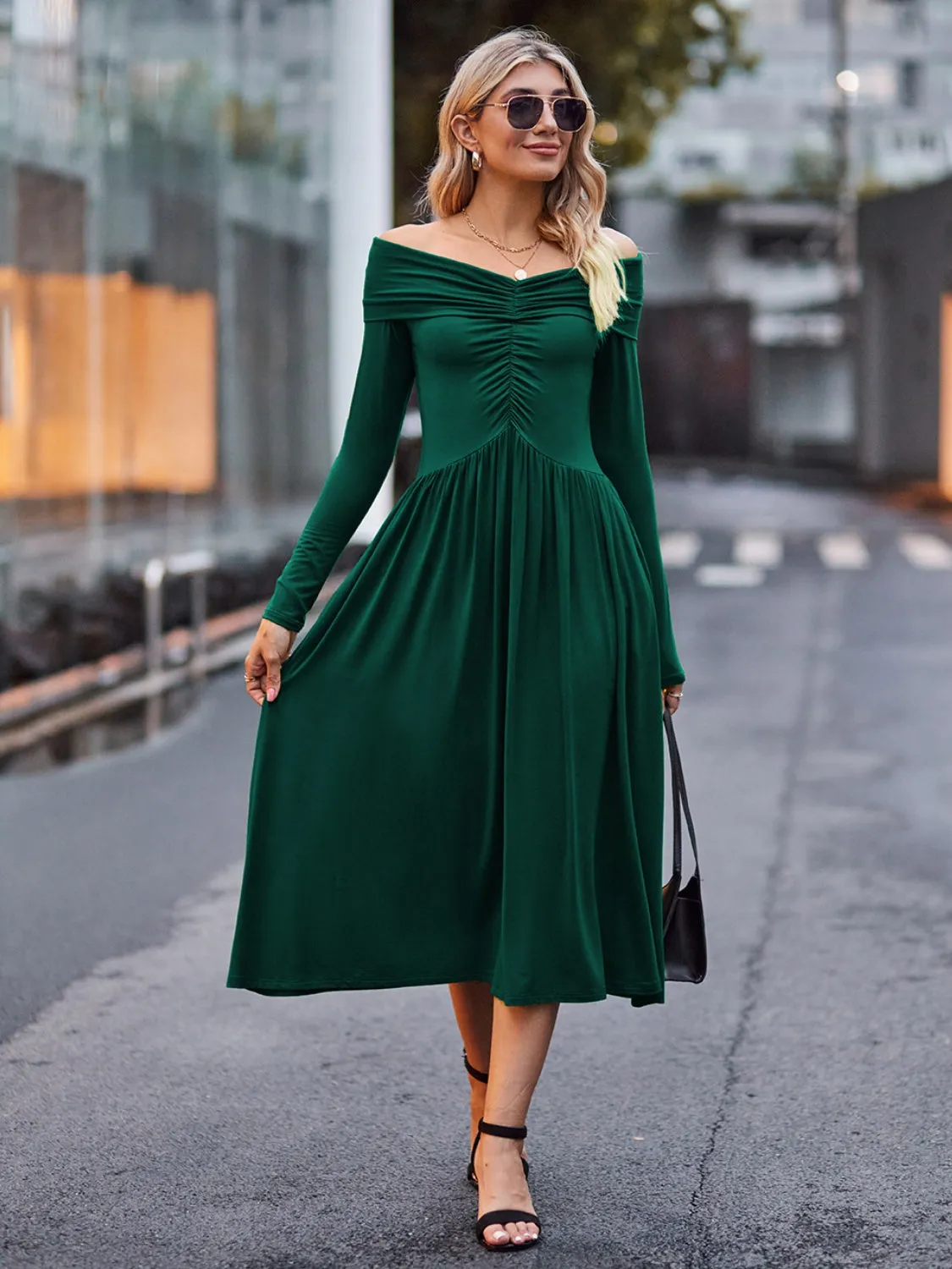 Affordable Cute Ruched Off-Shoulder Midi Dress - Perfect for Homecoming, Snowcoming 2024, or Hoco Stylish and Budget-Friendly Look for Special Occasions