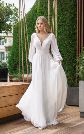 Airy Elegant Chiffon A-Line Corset Wedding Dress Simple Modern Plunging Neckline Poet Sleeves Backyard Bridal Gown