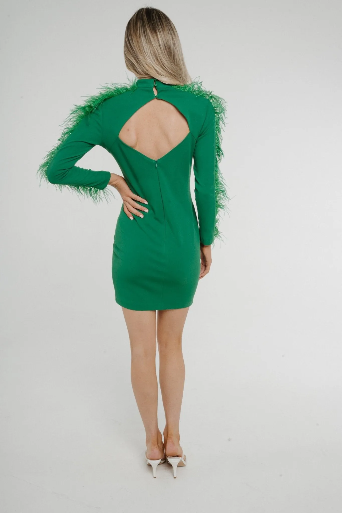 Alana Feather Detail Mini Dress In Green