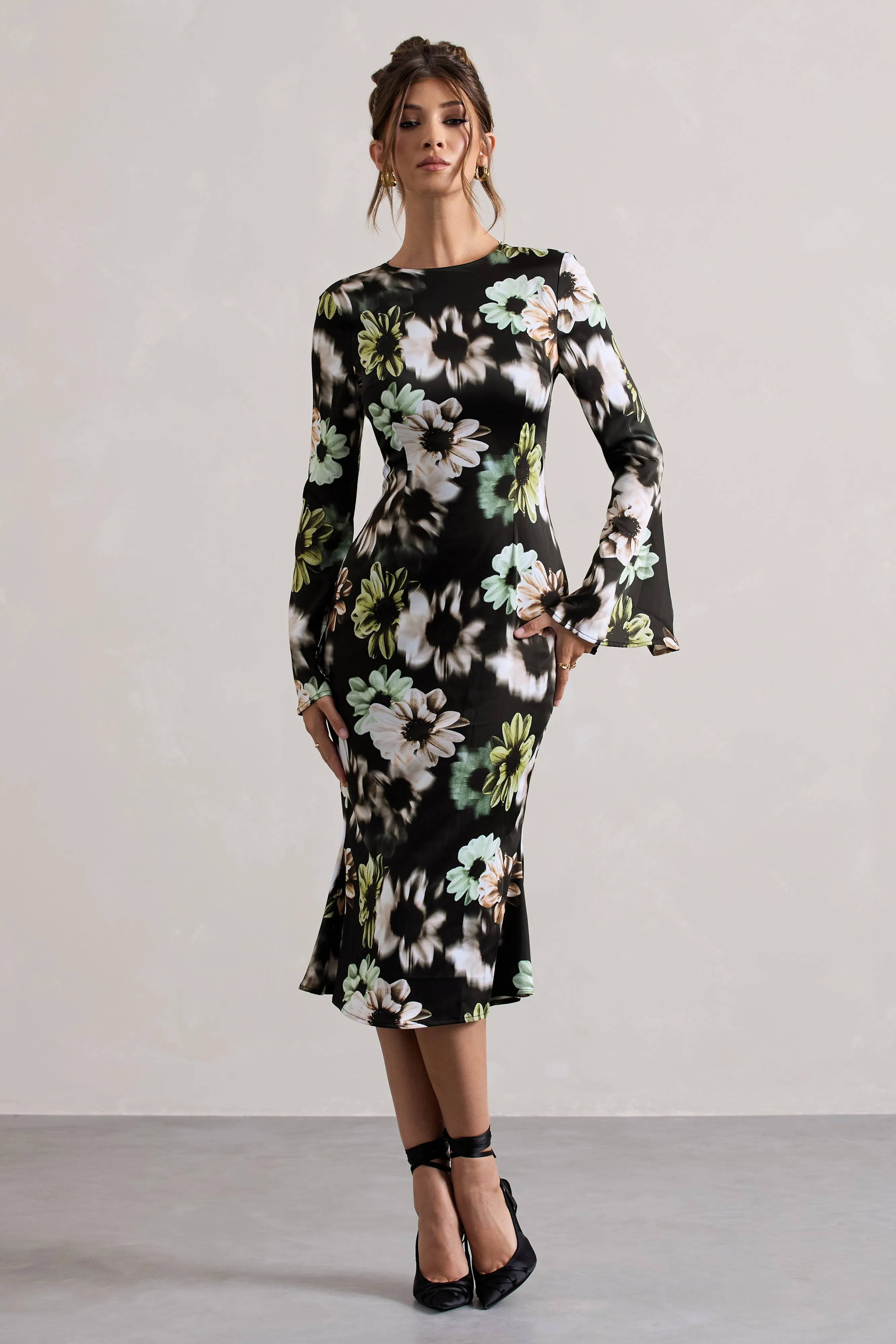 Arlitta | Black Floral Print Satin Long-Sleeve Midi Dress