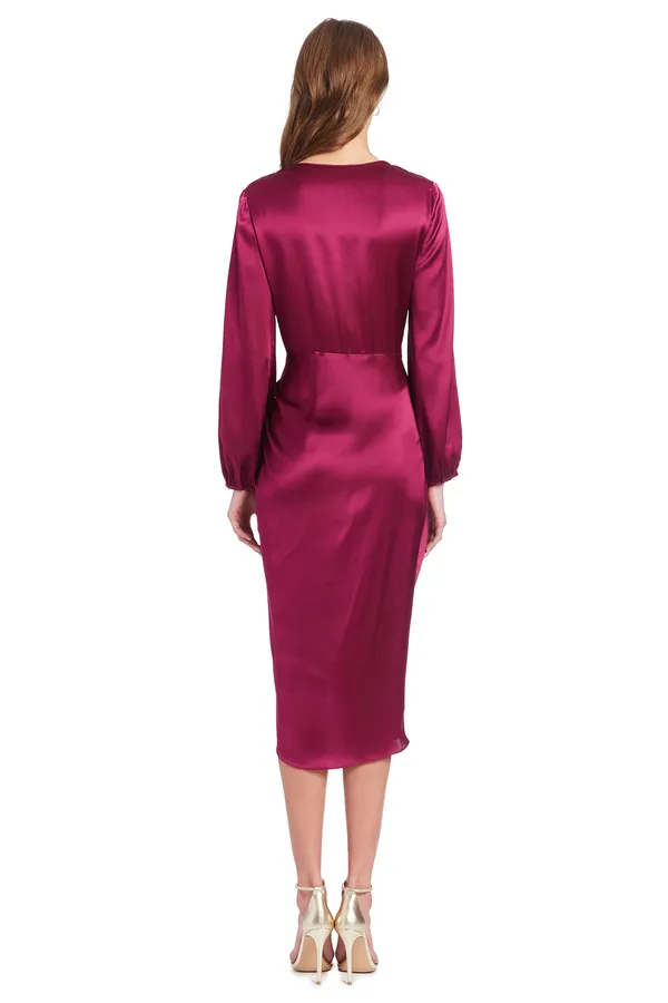 Aubergine satin Roma long sleeve dress