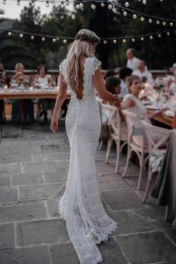 Backless Lac Mermaid Wedding Dresses Cap Sleeve Bohemian P3PZ72T6