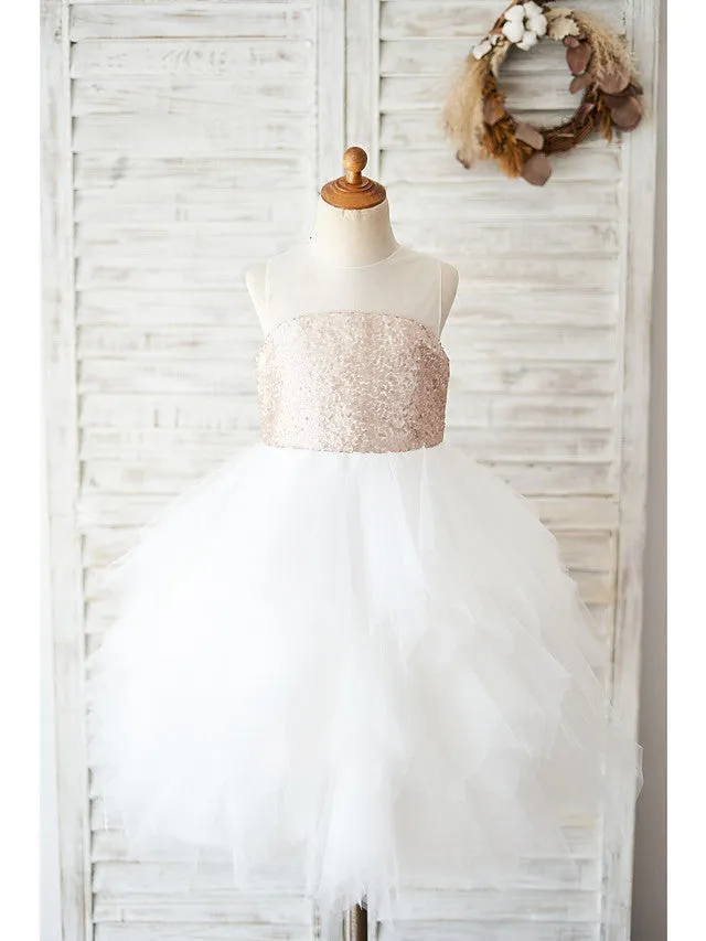 Ball Gown Tulle Sequined Sleeveless Jewel Neck Wedding Birthday Flower Girl Dresses