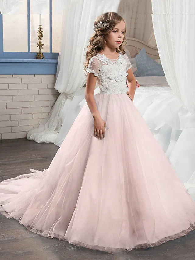 Ball Gown Tulle Short Sleeve Jewel Neck Sweep Brush Train Wedding Party Flower Girl Dresses