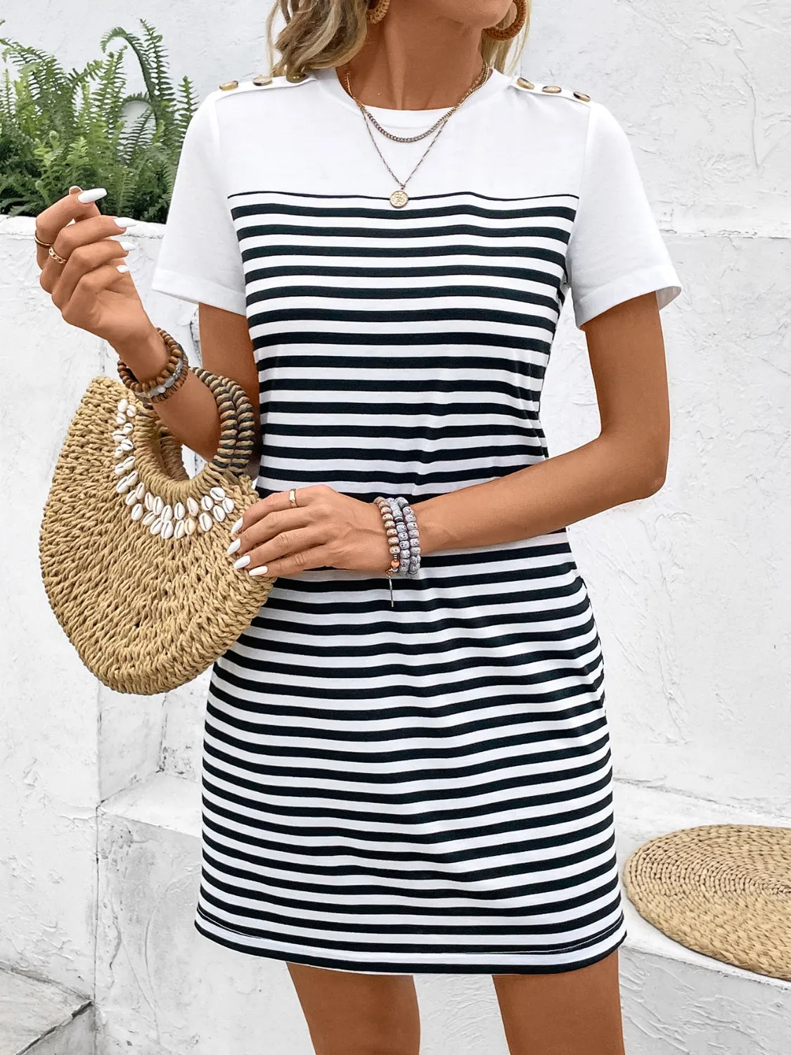 Beach Wedding Guest Attire: Striped Round Neck Short Sleeve Mini Dress for Women