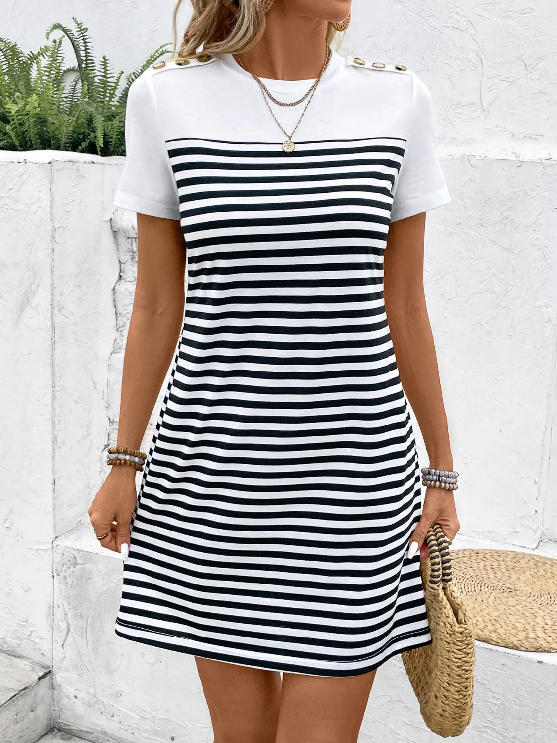 Beach Wedding Guest Attire: Striped Round Neck Short Sleeve Mini Dress for Women