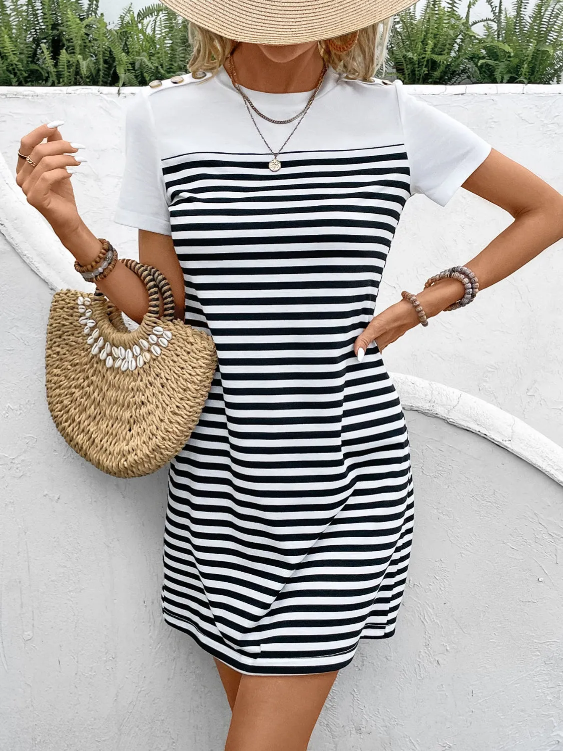 Beach Wedding Guest Attire: Striped Round Neck Short Sleeve Mini Dress for Women