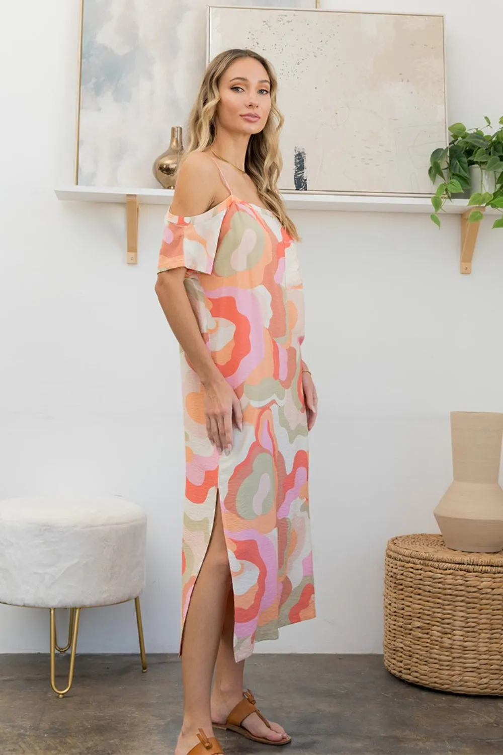 Beach Wedding Guest Midi Dress for Women with Side Slit and Full Print