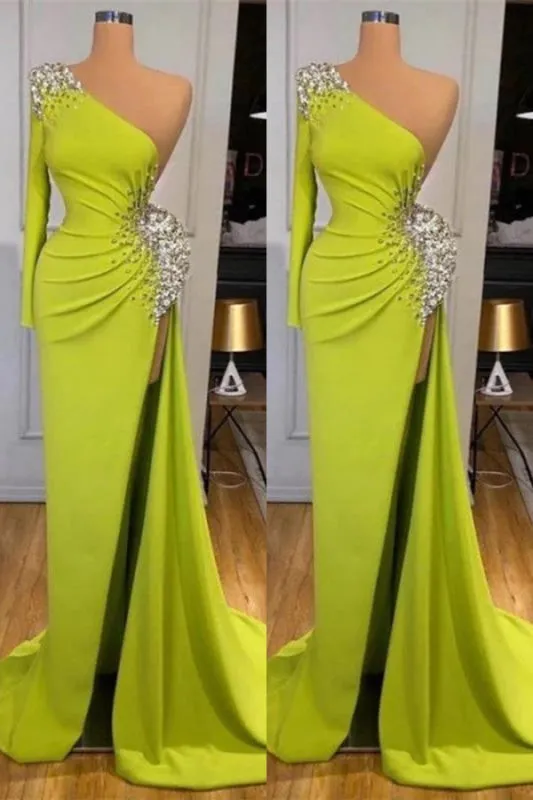 Beaded Yellow Green Mermaid Long Prom Dress with Split Sleeves