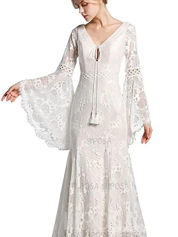 Beautiful Long Sleeves V Neck Lace Wedding Dresses, Cheap Wedding Gown, WD730