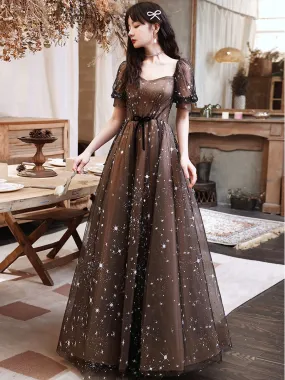 Black A-Line Lace Long Prom Dresses, Black Tulle Formal Evening Dress