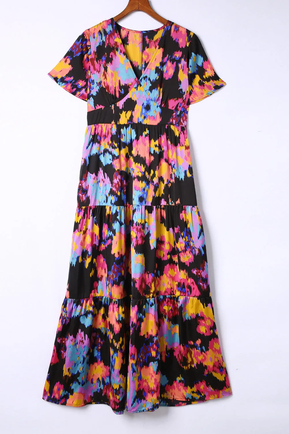 Elegant Black Colorful V-Neck Maxi Dress with Artistic Print