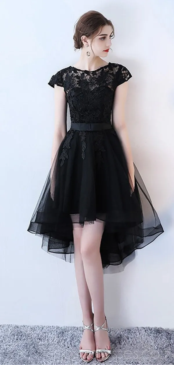 Black Lace Cap Sleeves High Low Cheap Homecoming Dresses Online, Cheap Short Prom Dresses, CM800