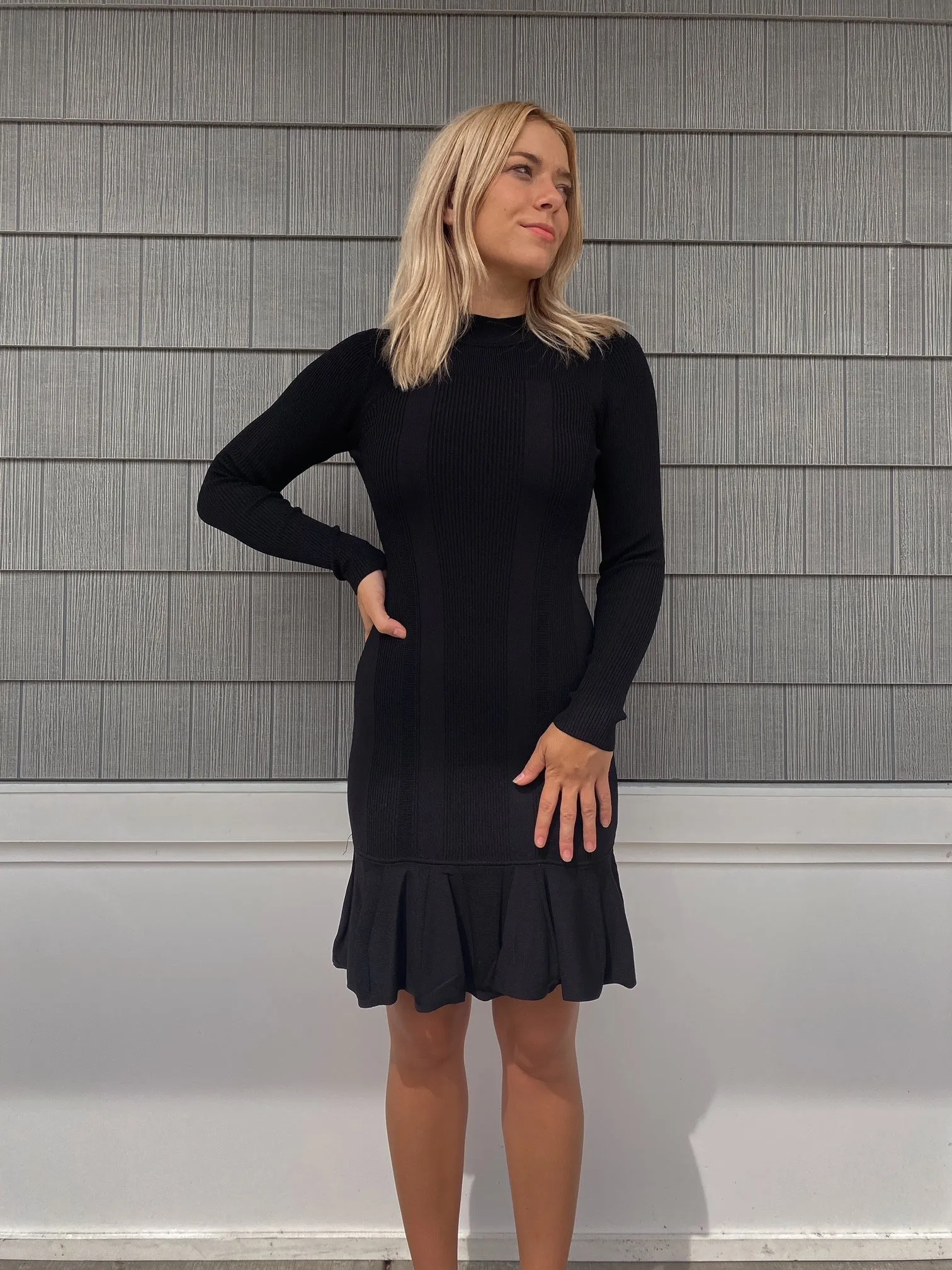 Black viscose rib knit long sleeve fit n flare dress