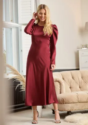 Blair Long Sleeve Satin Midi Dress - Burgundy