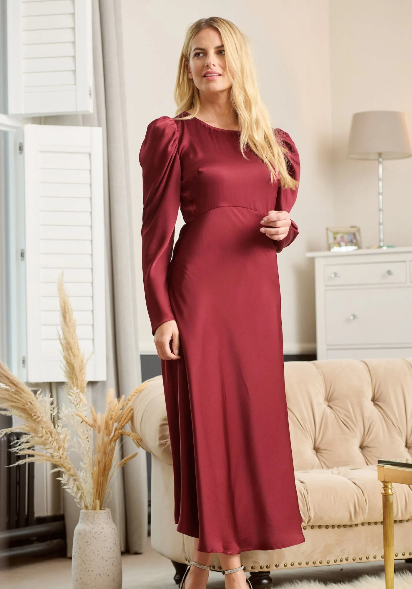 Blair Long Sleeve Satin Midi Dress - Burgundy