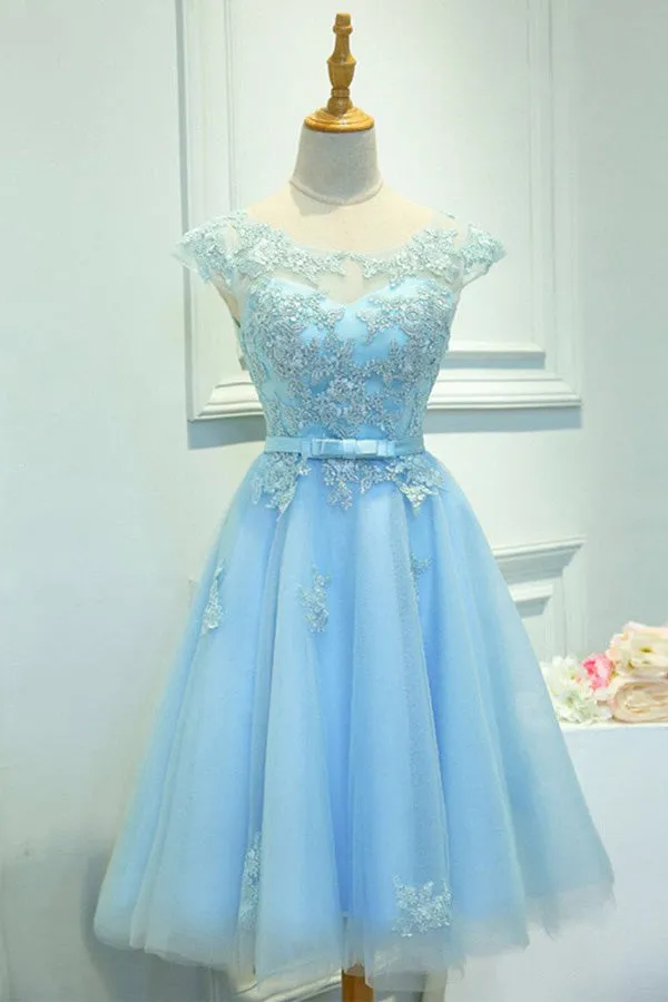 Blue Capped Sleeve Lace Appliques Short Homecoming Dresses