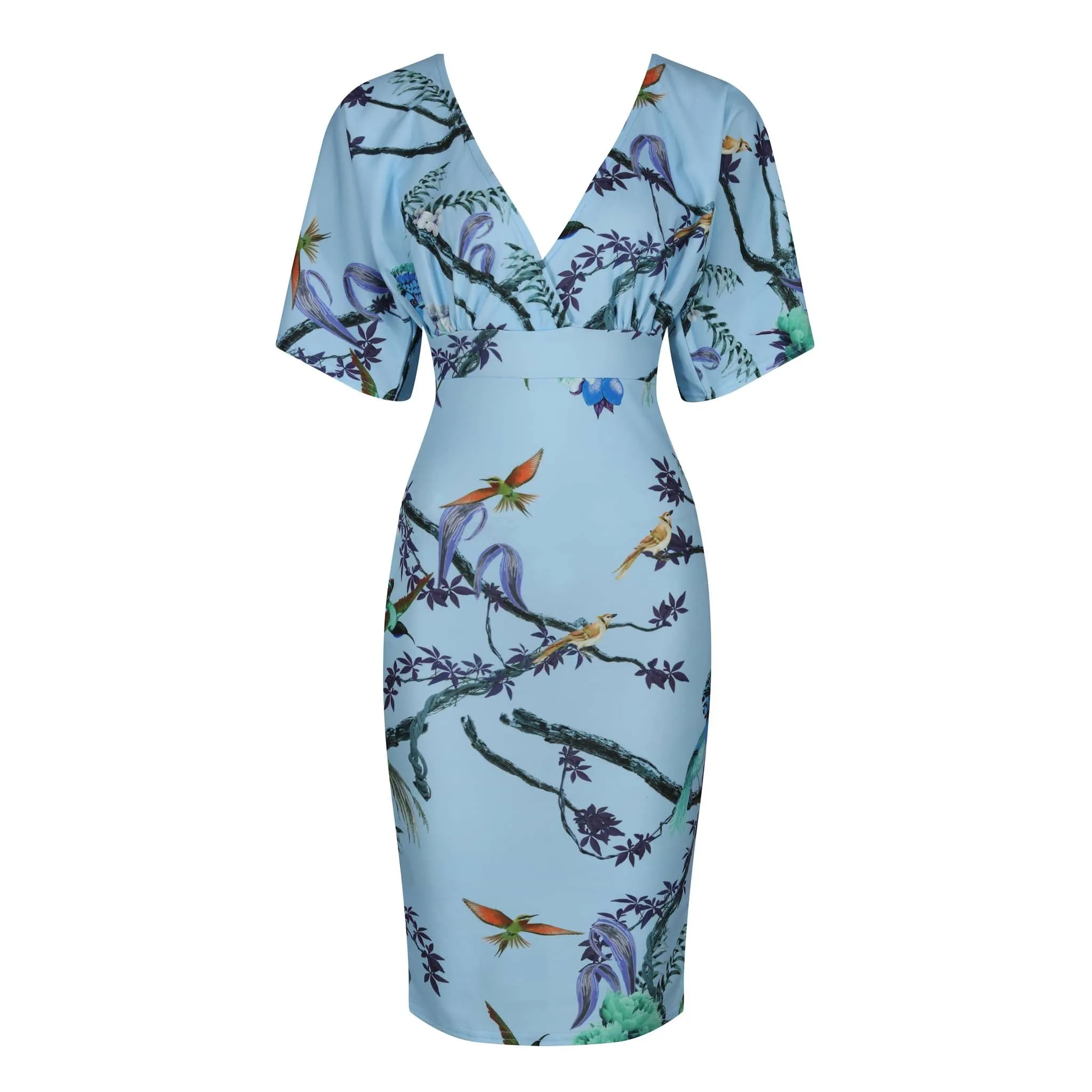 Blue Floral Bird Half Batwing Sleeve Crossover Top Pencil Dress