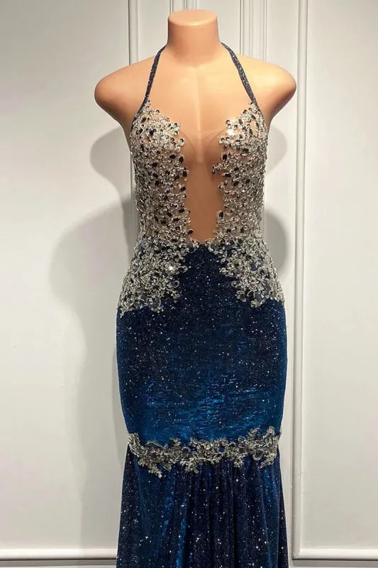 Blue Sequined Mermaid Prom Gown with Spaghetti Straps