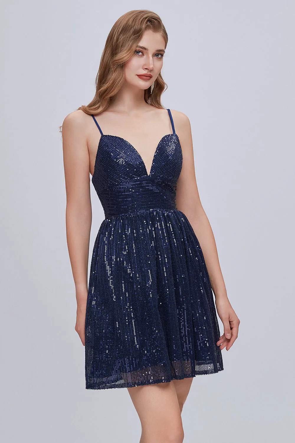 Blue Spaghetti Strap V Neck Sequins Short Homecoming Dresses