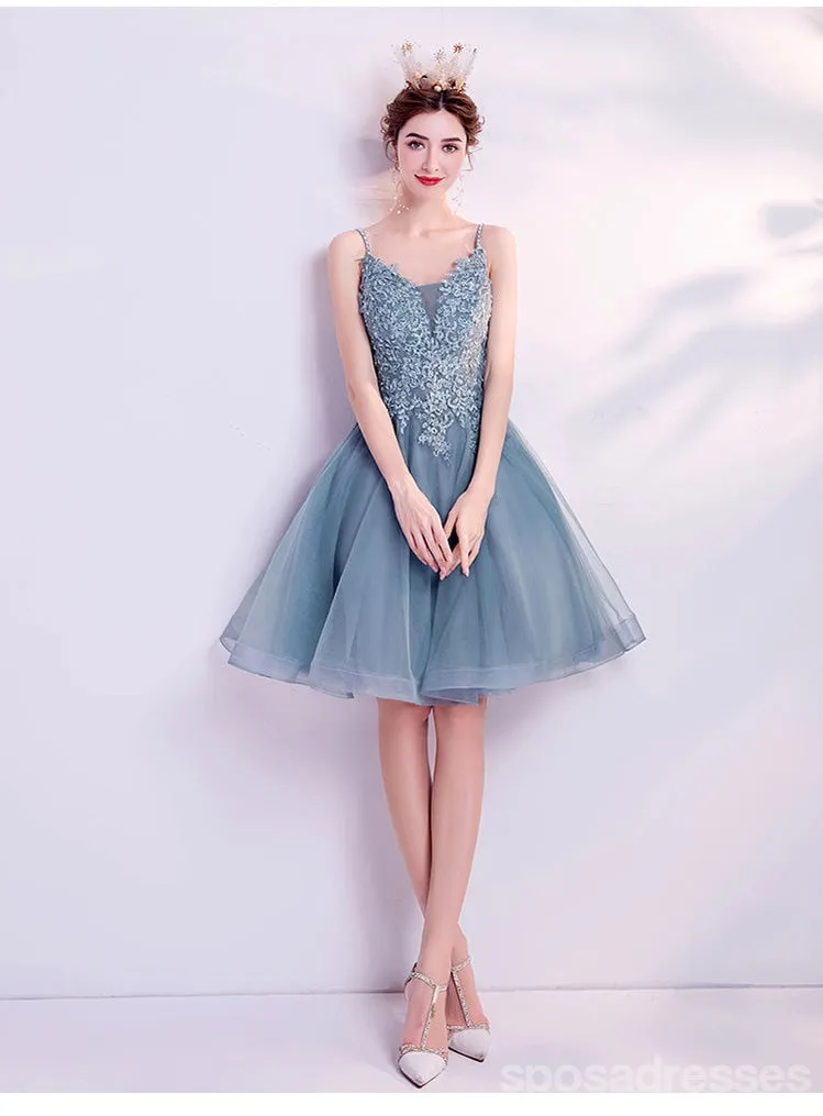 Blue Spaghetti Straps Short Homecoming Dresses,Cheap Short Prom Dresses,CM890