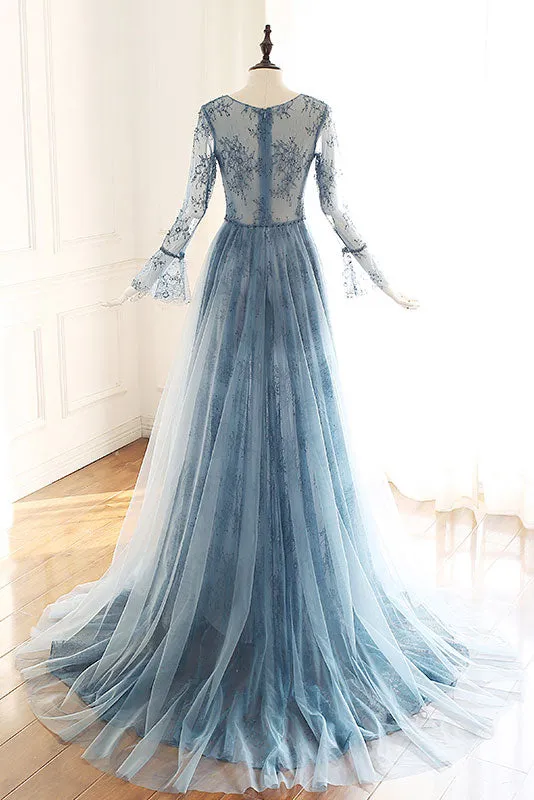 Blue tulle lace Long sleeve prom dress, blue bridesmaid dress