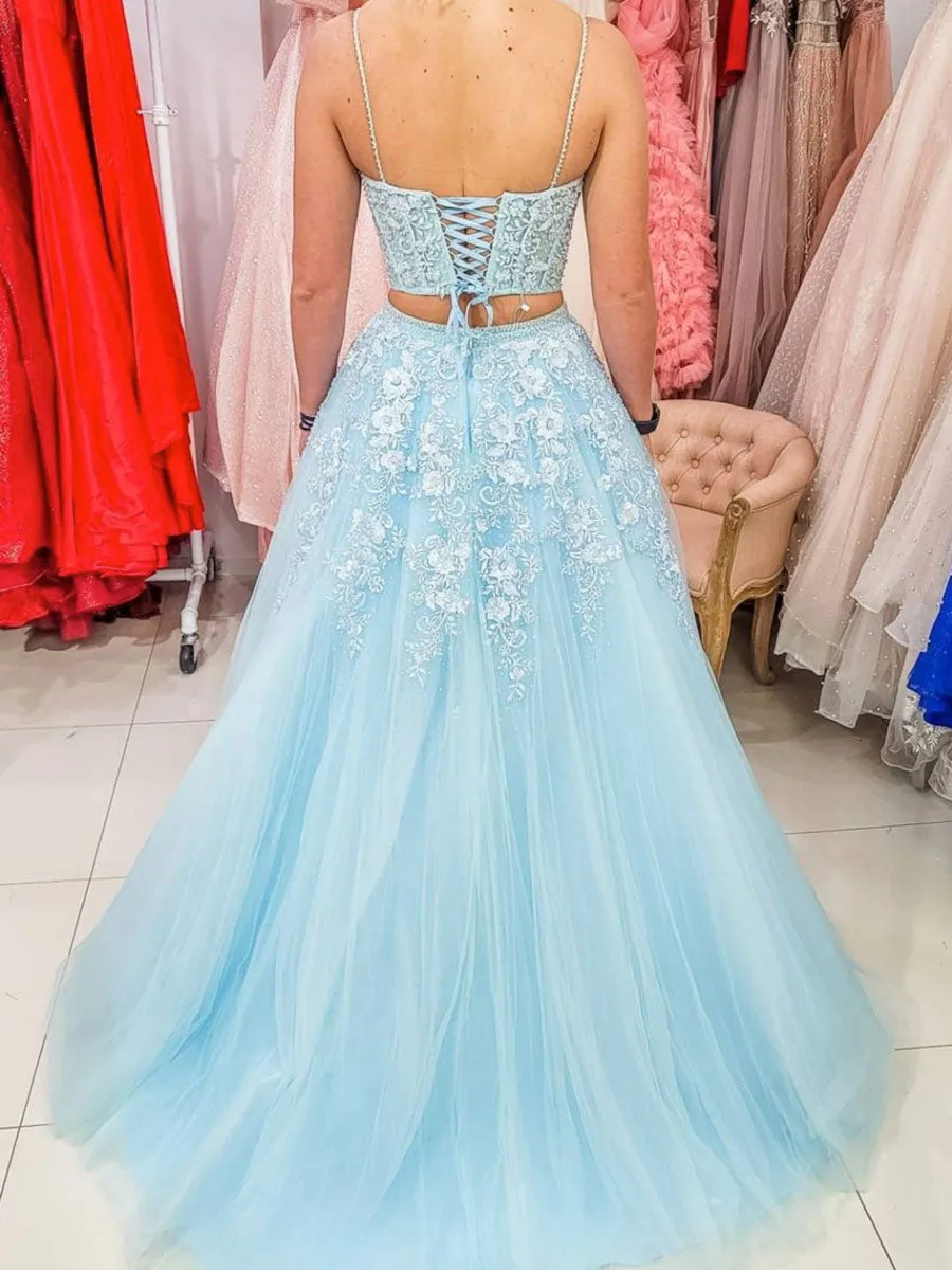 Blue tulle lace two pieces long prom dress, blue evening dress