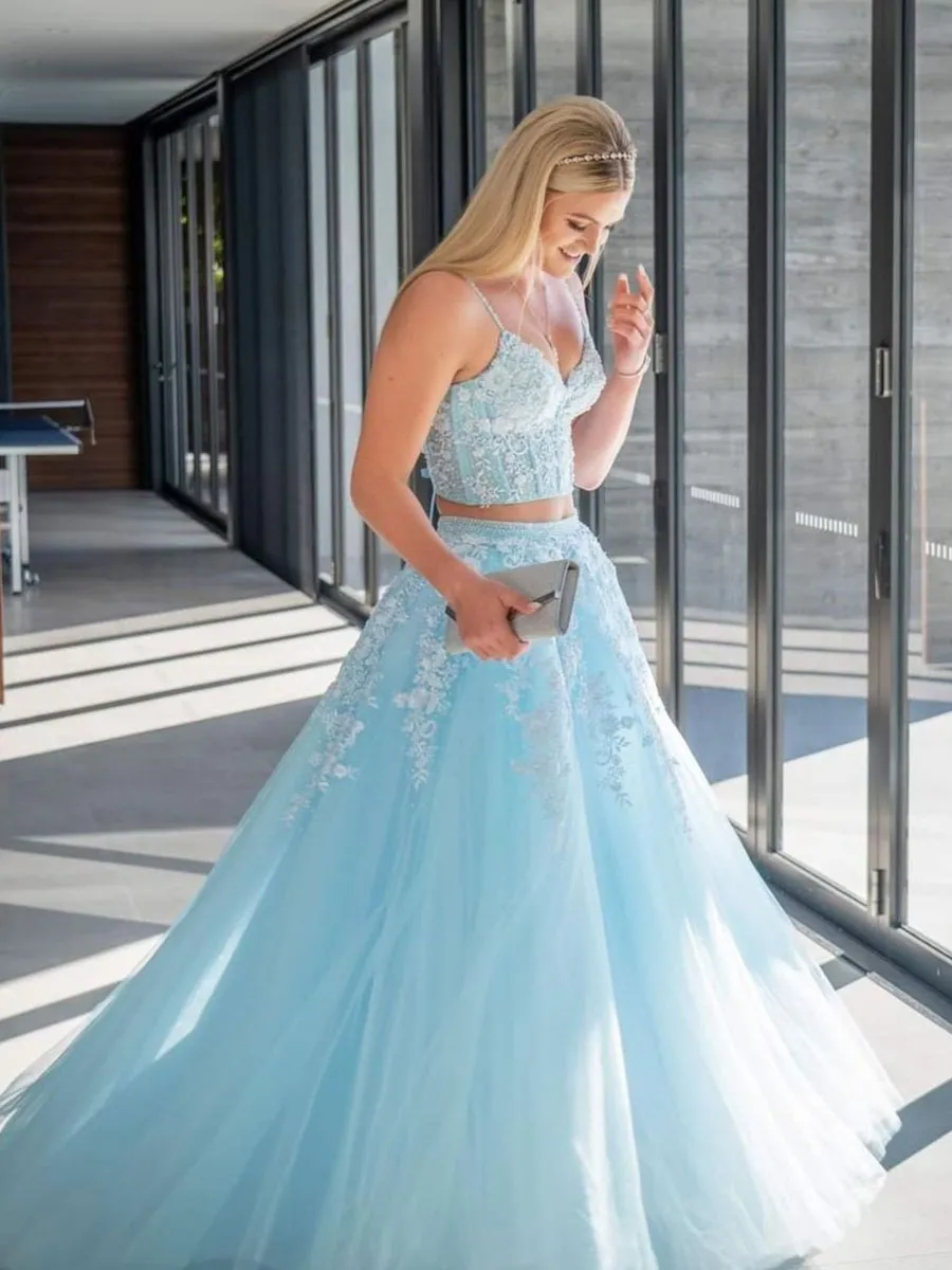 Blue tulle lace two pieces long prom dress, blue evening dress