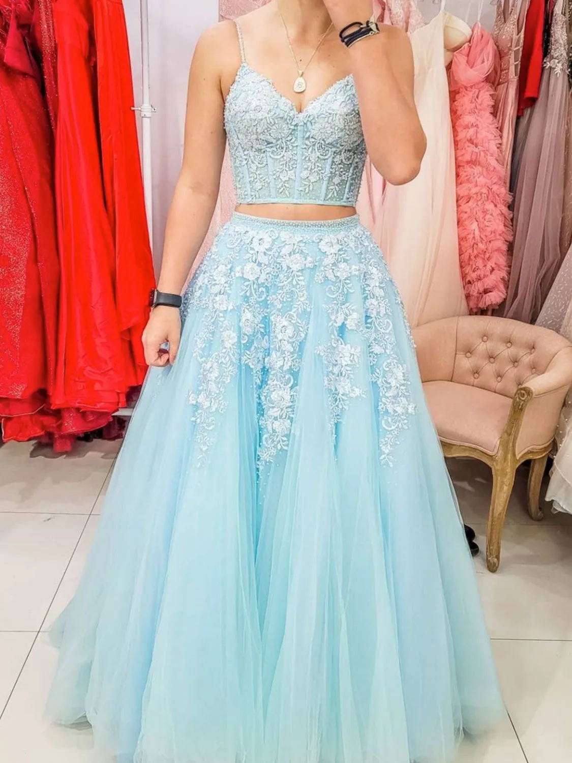 Blue tulle lace two pieces long prom dress, blue evening dress