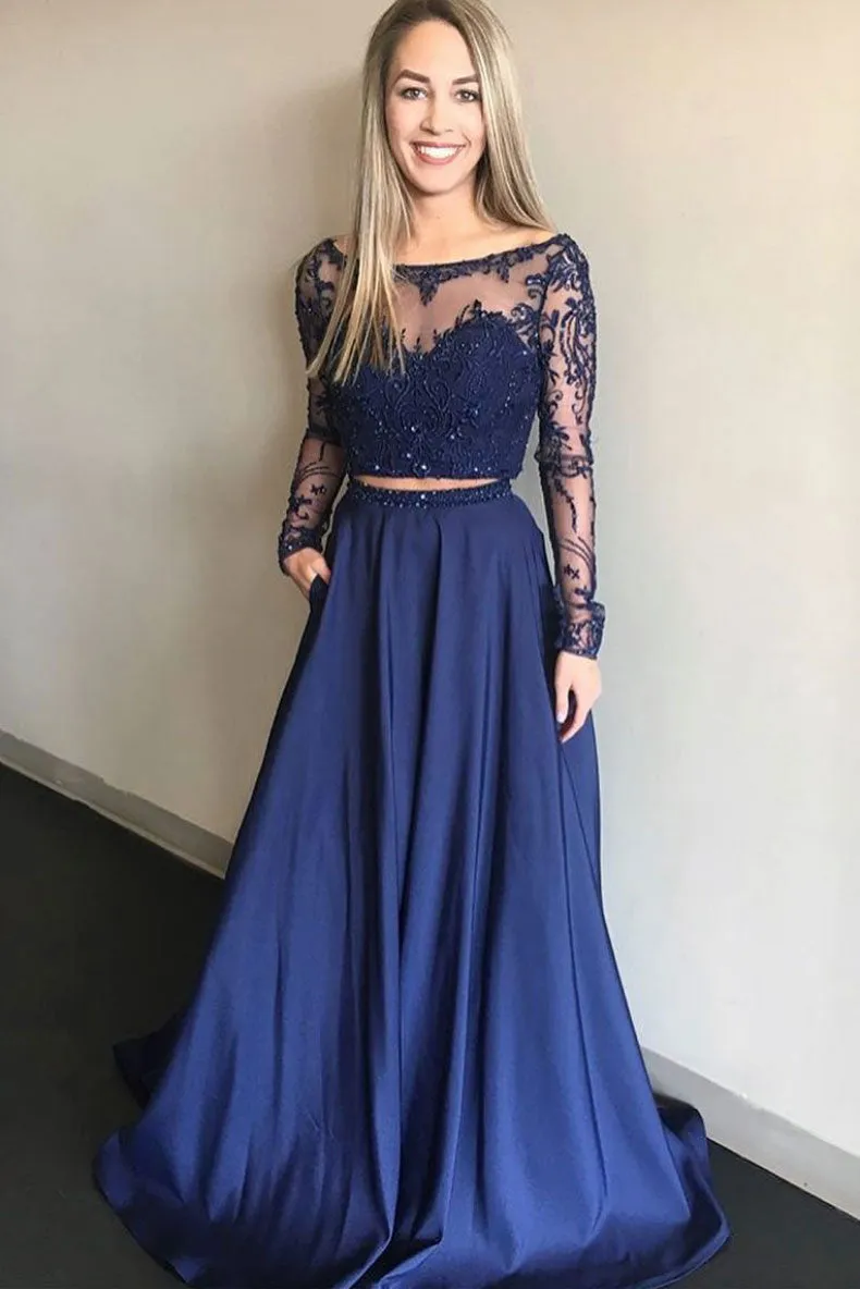 Blue two pieces lace long prom dress, blue bridesmaid dress