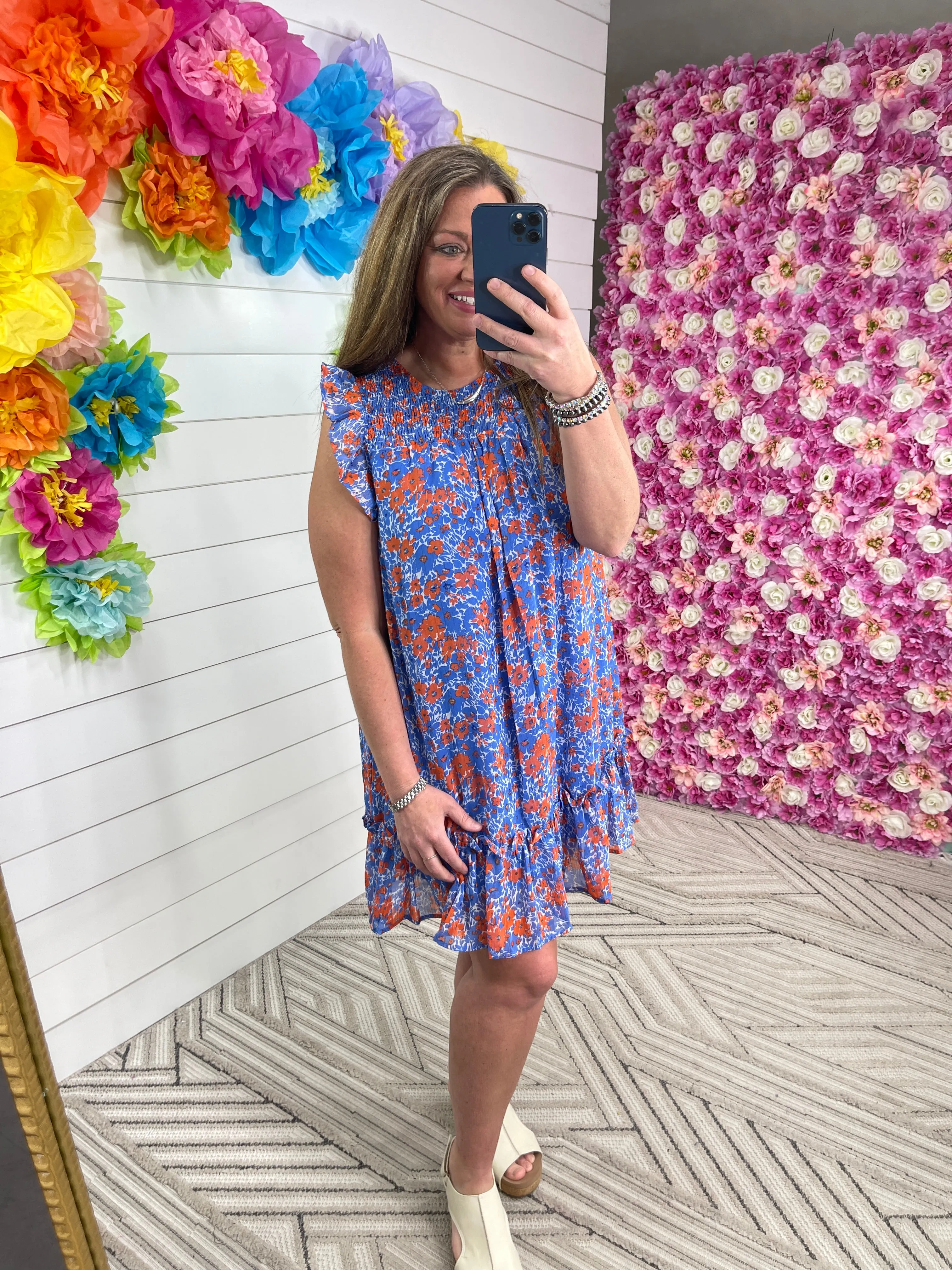 BLUE/ORANGE FLORAL SHIMMER DRESS