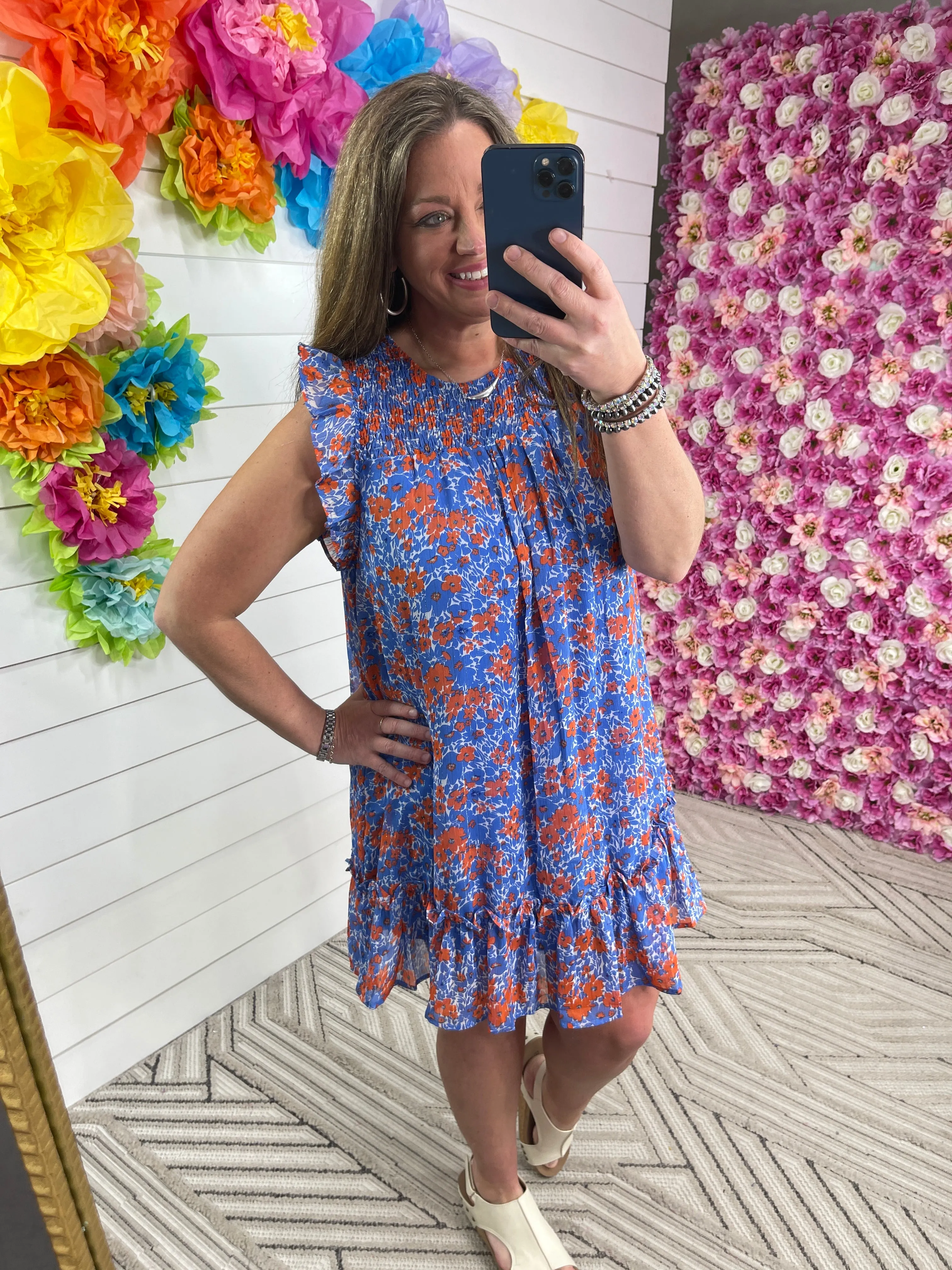 BLUE/ORANGE FLORAL SHIMMER DRESS