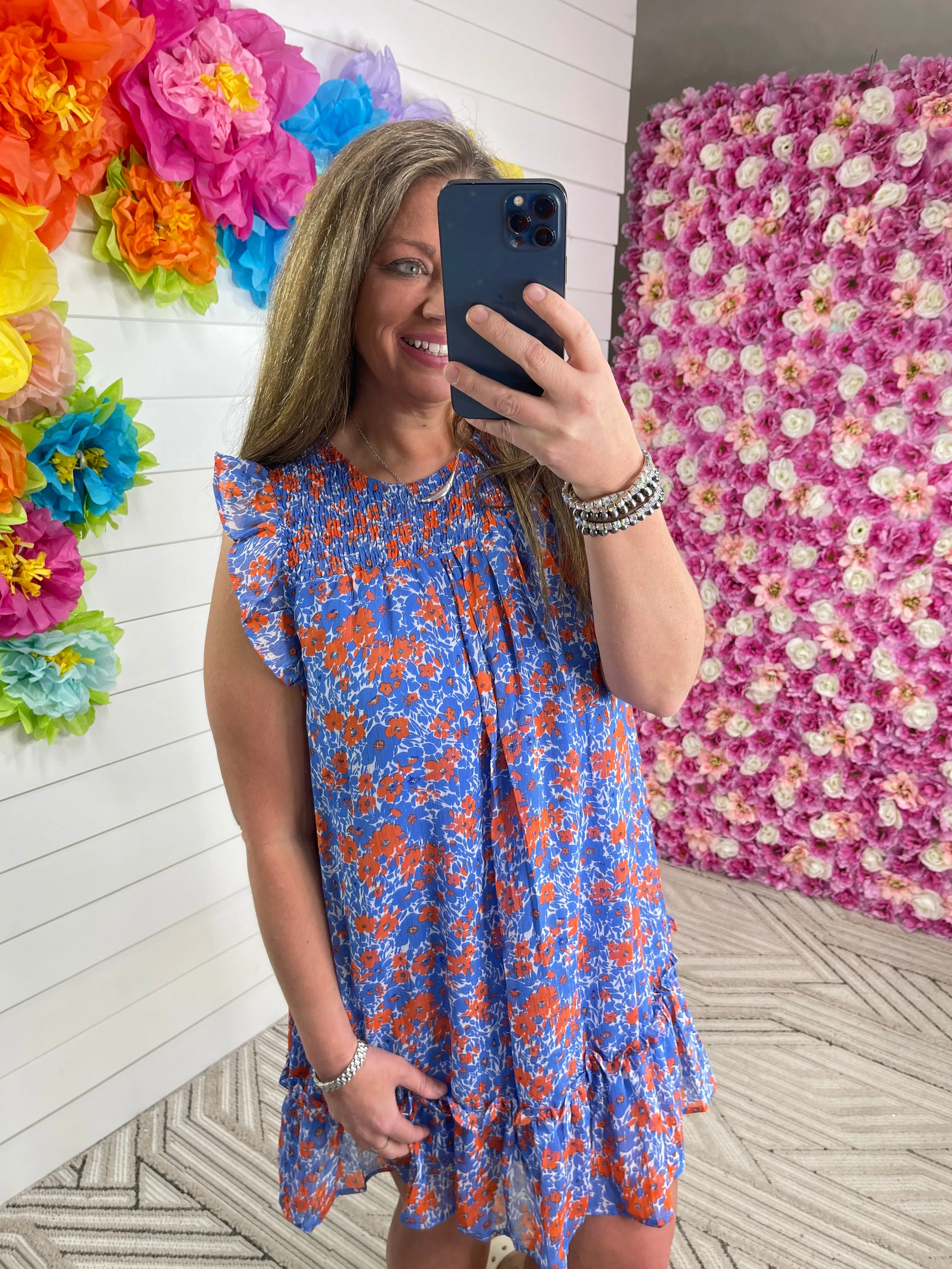 BLUE/ORANGE FLORAL SHIMMER DRESS