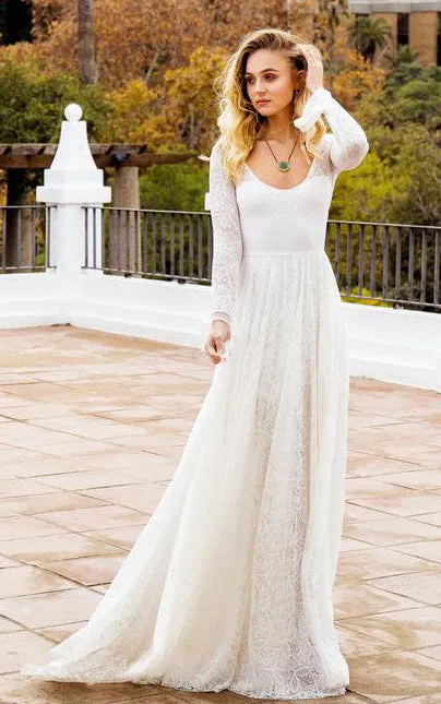 Bohemian A Line Lace Long Sleeve Scoop Floor-length Wedding Dress with Keyhole and Sweep Train-715923