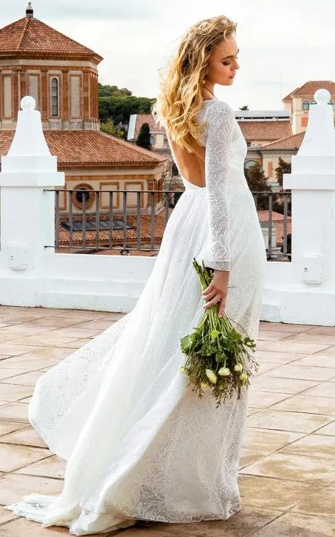 Bohemian A Line Lace Long Sleeve Scoop Floor-length Wedding Dress with Keyhole and Sweep Train-715923