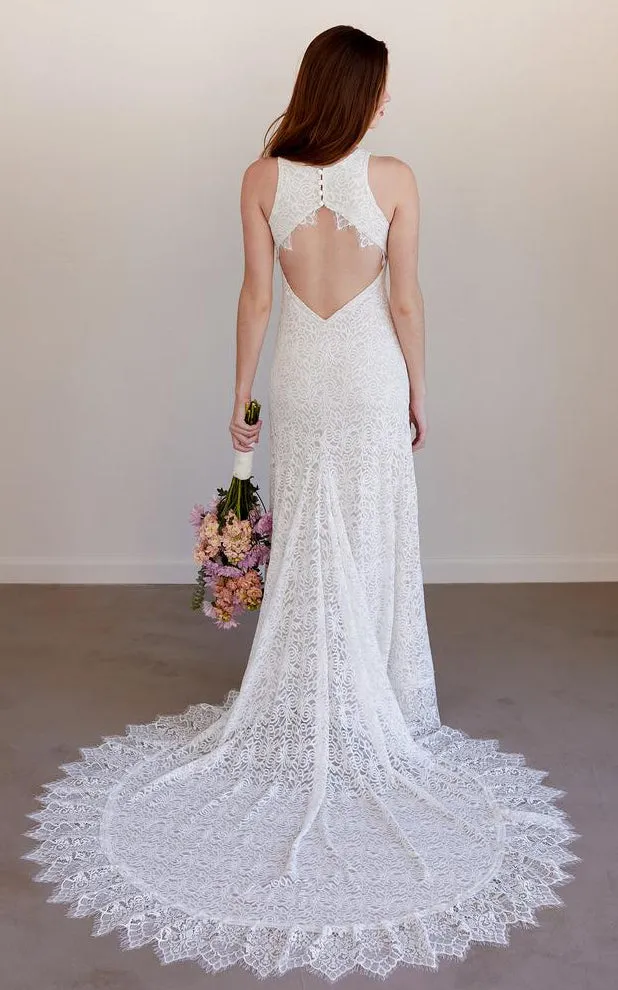 Bohemian Jewel Sheath Lace Floor-length Sleeveless Wedding Dress with Keyhole and Court Train-715920