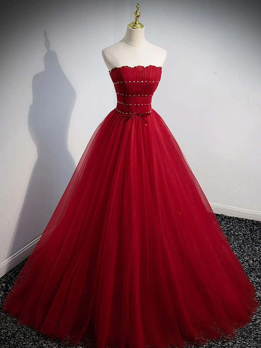 Burgundy A line tulle long prom dress, burgundy evening dress