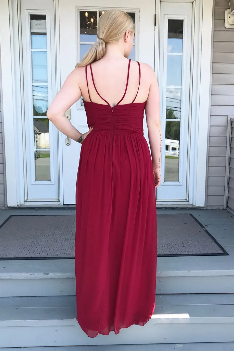 Burgundy chiffon long prom dress, burgundy bridesmaid dress