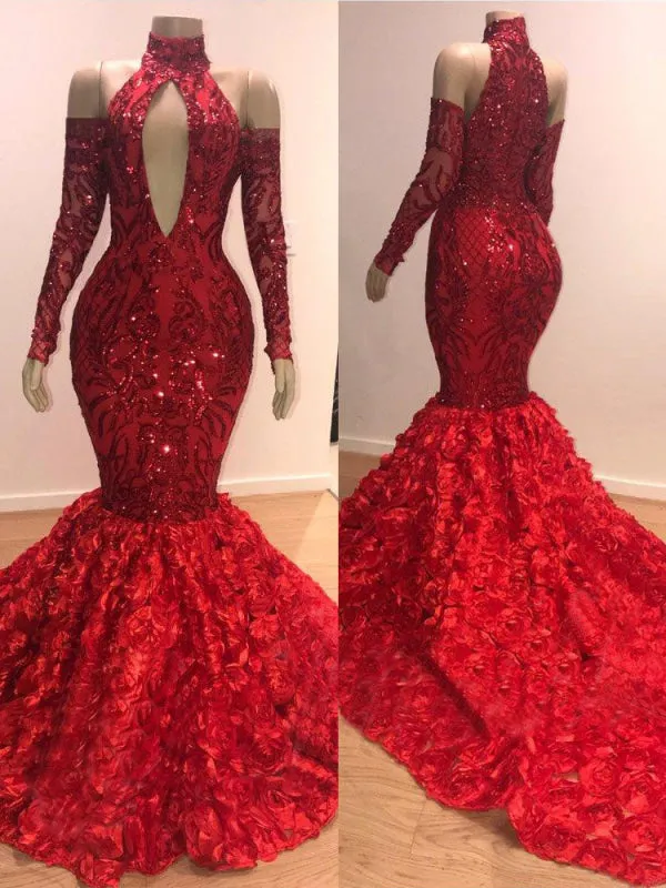 Burgundy Mermaid Sequin Prom Gown with Elegant High Neck and Long Sleeves