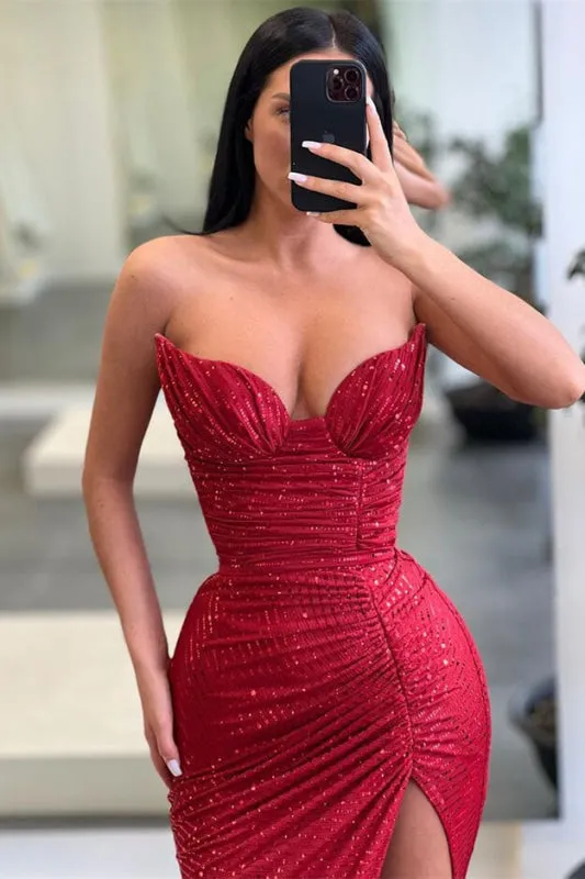 Burgundy Sleeveless Long Sequins Mermaid Prom Dress With Split: